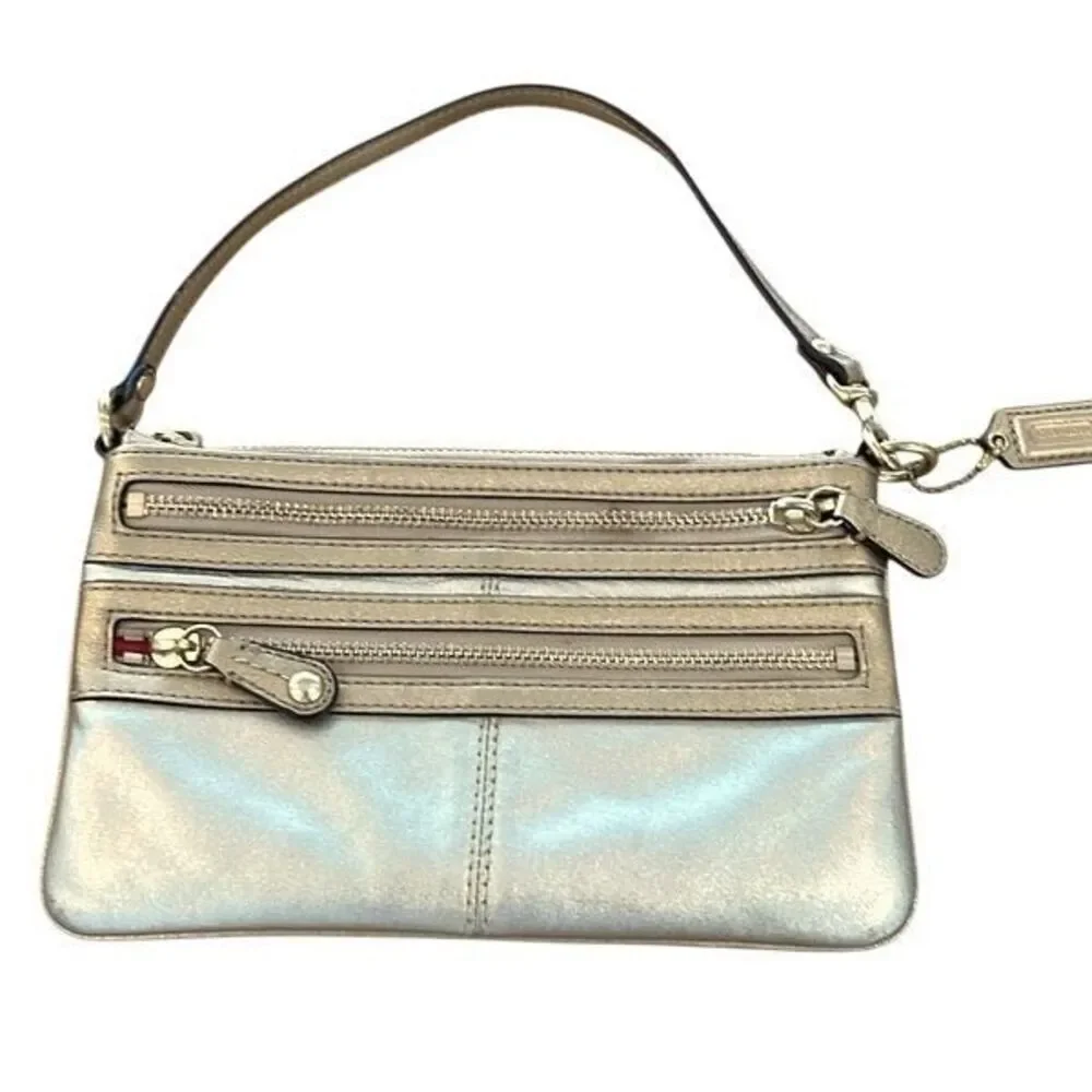 Coach Leather Wristlet Metallic Gold Triple Zippy Pocket - Picture 4 of 9